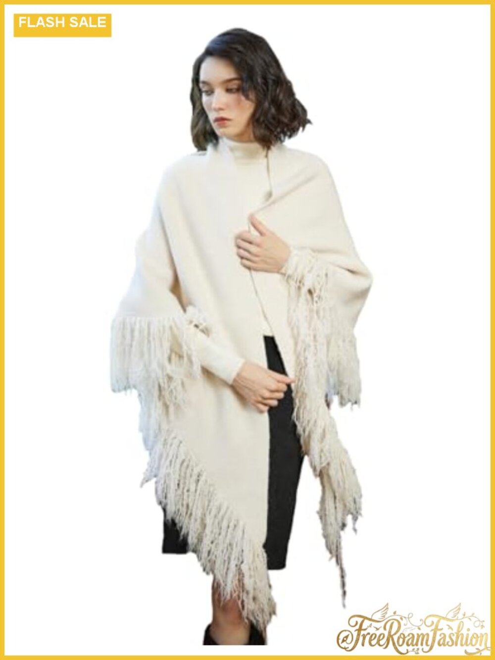 Wool Blend Fringe Tassel Knitted Wrap Shawl Poncho